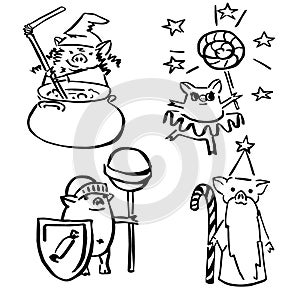 Cute vector funny set costumed magic pigs
