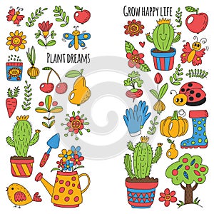 Cute vector garden with birds, cactus, plants, fruits, berries, gardening tools, rubberboots Garden market pattern in