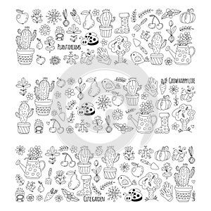 Cute vector garden with birds, cactus, plants, fruits, berries, gardening tools, rubberboots Garden market pattern in