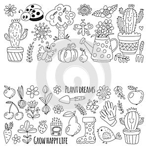 Cute vector garden with birds, cactus, plants, fruits, berries, gardening tools, rubberboots Garden market pattern in