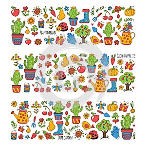 Cute vector garden with birds, cactus, plants, fruits, berries, gardening tools, rubberboots Garden market pattern in