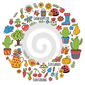 Cute vector garden with birds, cactus, plants, fruits, berries, gardening tools, rubberboots Garden market pattern in