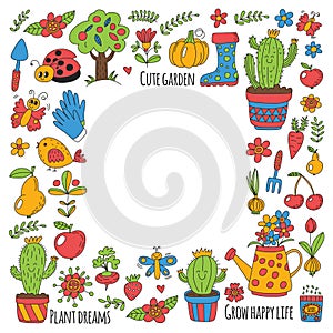 Cute vector garden with birds, cactus, plants, fruits, berries, gardening tools, rubberboots Garden market pattern in