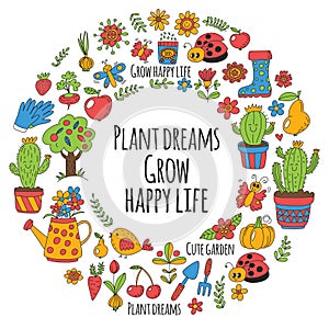 Cute vector garden with birds, cactus, plants, fruits, berries, gardening tools, rubberboots Garden market pattern in