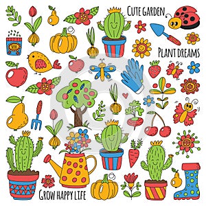 Cute vector garden with birds, cactus, plants, fruits, berries, gardening tools, rubberboots Garden market pattern in