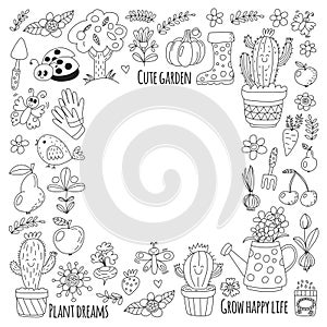 Cute vector garden with birds, cactus, plants, fruits, berries, gardening tools, rubberboots Garden market pattern in