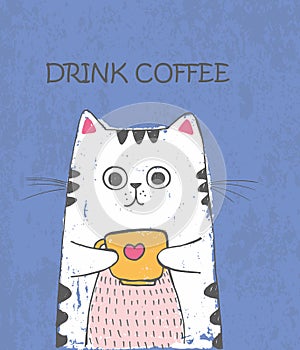 Cute vector hand drawn illustration with sketch cat with cup of tea. Purple background with lettering Drink coffee