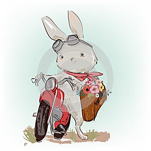 Cute hare on motobike with floral gift photo