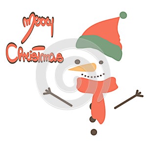 Cute vector holidays hand drawn lettering merry christmas card with snowman
