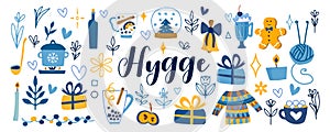 Cute vector illustration of autumn and winter hygge elements. Isolated on white background. Motivational typography of hygge photo