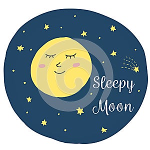 Cute vector illustration with baby sleeping moon