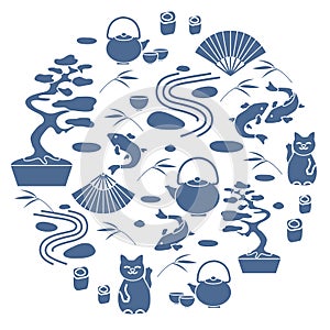 Cute vector illustration with bonsai tree, teapot with two cups, minimal rock garden, japanese lucky cat Maneki Neko, carp koi, f