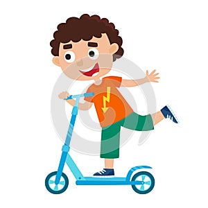 Cute vector illustration of boy on scooter having fun outside