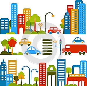 Illustrazione vettoriale di una strada di città con icone colorate di automobili, alberi e palazzi