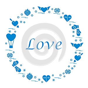 Cute vector illustration with different romantic symbols arranged in a circle. Design for banner, flyer, poster or print