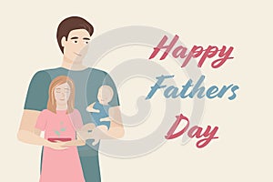 Cute vector illustration of Father with two kids- baby boy and the older daugther. Father`s day concept