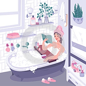 Cute vector illustration in flat cartoon style with girl taking bath and reading book.