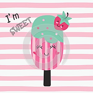 Cute vector illustration with funny ice cream and strawberry
