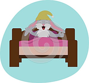 Cute vector illustration, a hare in a nightcap on a bed under a blanket