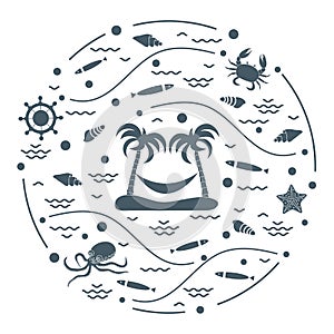 Cute vector illustration with octopus, fish, island with palm trees and a hammock, helm, waves, seashells, starfish, crab arranged