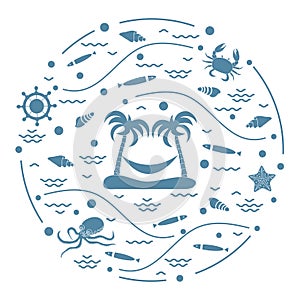 Cute vector illustration with octopus, fish, island with palm trees and a hammock, helm, waves, seashells, starfish, crab arranged