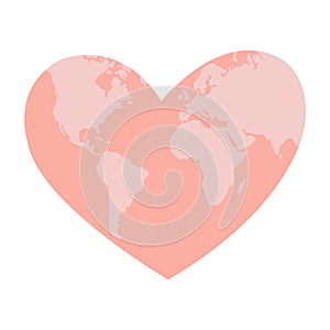 Cute vector illustration of a pink heart shaped world map.