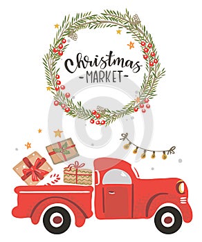 Cute vector illustration of a red Christmas truck