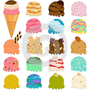 Cute Vector illustration set of ice cream scoop, many colorful f