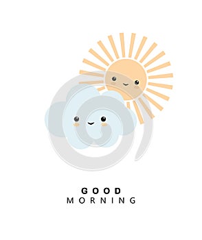 Cute Vector Illustration with Smiling Sun and Cloud. Nursery Art.