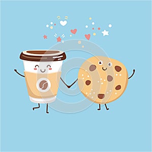 Cute vector illustration of a take away coffee cup and a chocolate cookie.