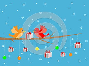 Cute merry christmas bird decorating tree