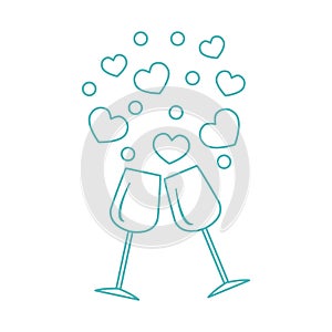 Cute vector illustration of two stemware with hearts. Greeting c