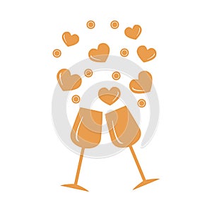 Cute vector illustration of two stemware with hearts. Greeting c