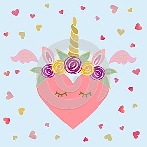 Cute vector illustration with Unicorn tiara and horn, pink wings, sweet heart