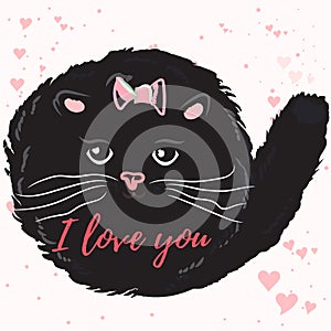Cute vector illustration or Valentines Day card with cat.