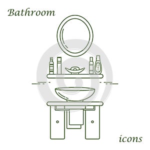 Cute vector illustration with variety bathroom elements: mirror, washbasin, towel, shampoo and other.