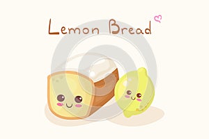 Cute vector illustration with yellow smiling Lemon bread and citrus fruit. Kawaii food characters with lettering. Hand drawn