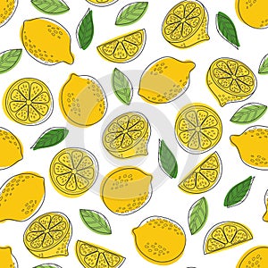 Cute Vector Lemon seamless pattern. Hand drawn outline tropical fresh fruit slice, green leaves, half sliced and whole lemons