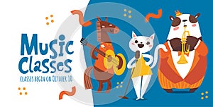 Cute vector music classes flyer or poster design with cute animals playing music