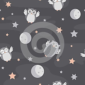 Cute vector pattern with little owls star and moon