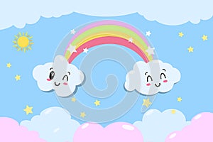 Cute vector rainbow with clouds and heart - kawaii style illustration from children fairytale with stars EPS