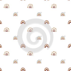 Cute vector rainbow seamless pattern in scandinavian style isolated on white background for kids. Hand drawn cartoon