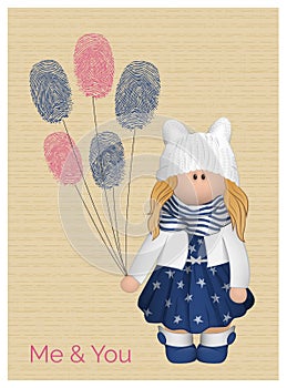 Cute vector romantic love card with a girl wearing funny eared hat and adorable outfit holding fingerprinted balloons.