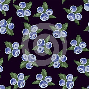 Cute vector seamless pattern with blueberries and leaves on dark background hand drawn vector illustration