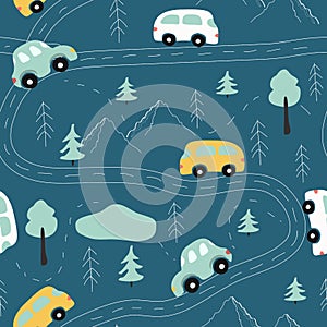 Cute vector seamless pattern with childrens drawing -  road with cars, mountains, trees.