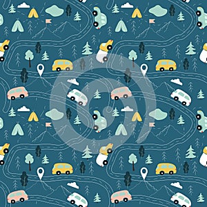 Cute vector seamless pattern with childrens drawing - road with cars, mountains, trees