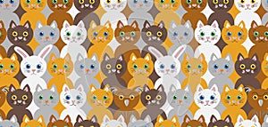 Cute vector seamless pattern with colorful kittens, white rabbit and scowling owl.