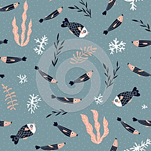 Cute vector seamless pattern with fish, algae and corals. Underwater seamless background.