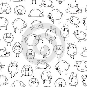 Cute vector seamless pattern of funny sheep on white background.