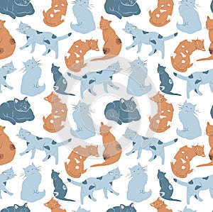 Cute vector seamless pattern with hand drawn cats in various poses. childish ornament.